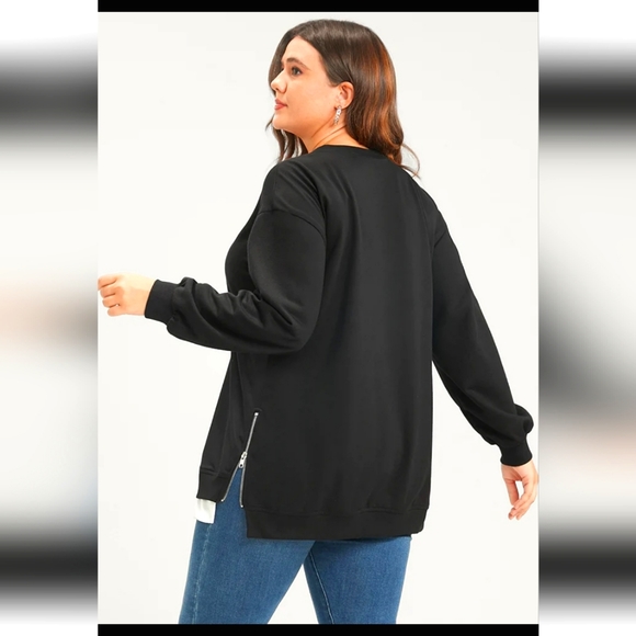 Solid Contrast Zipper Side Lantern Sleeve Sweatshirt - Picture 4 of 5